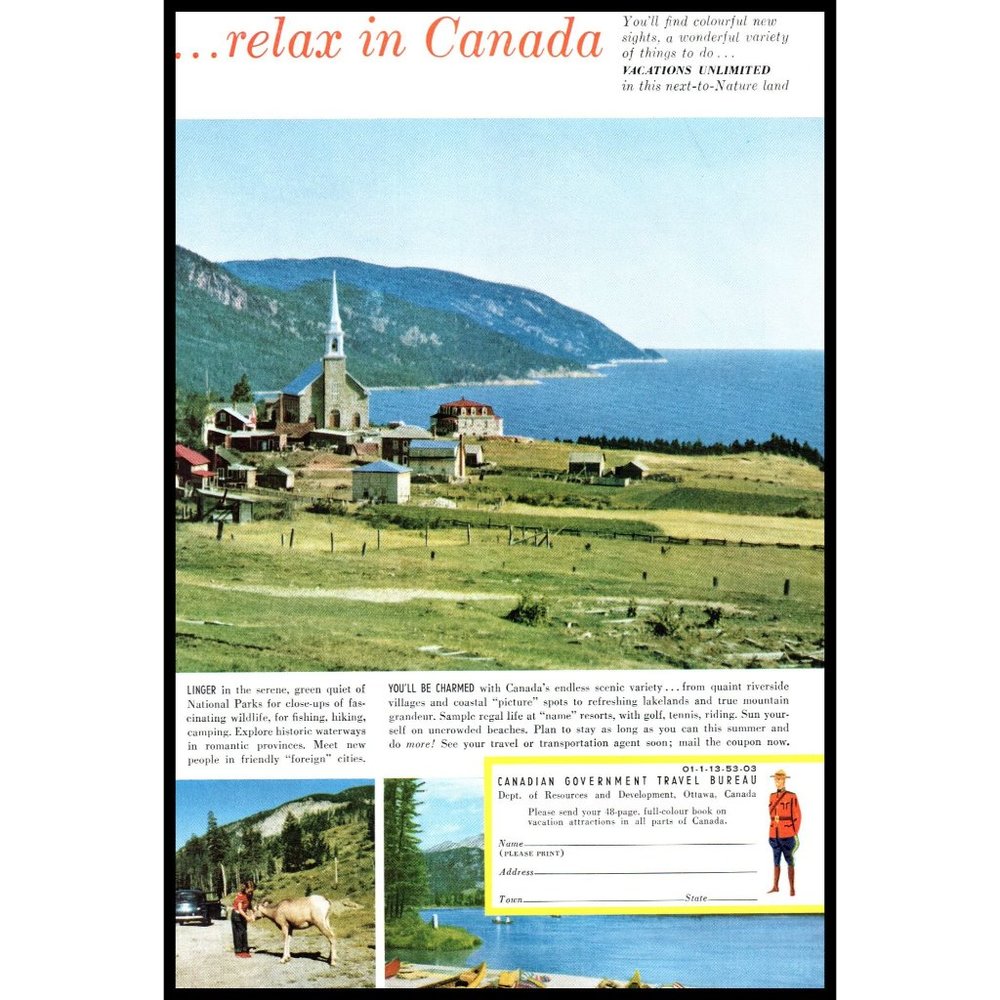 1953 Canada Vacation Travel Vintage Print Ad Mounty Ocean Coast Church Wall Art